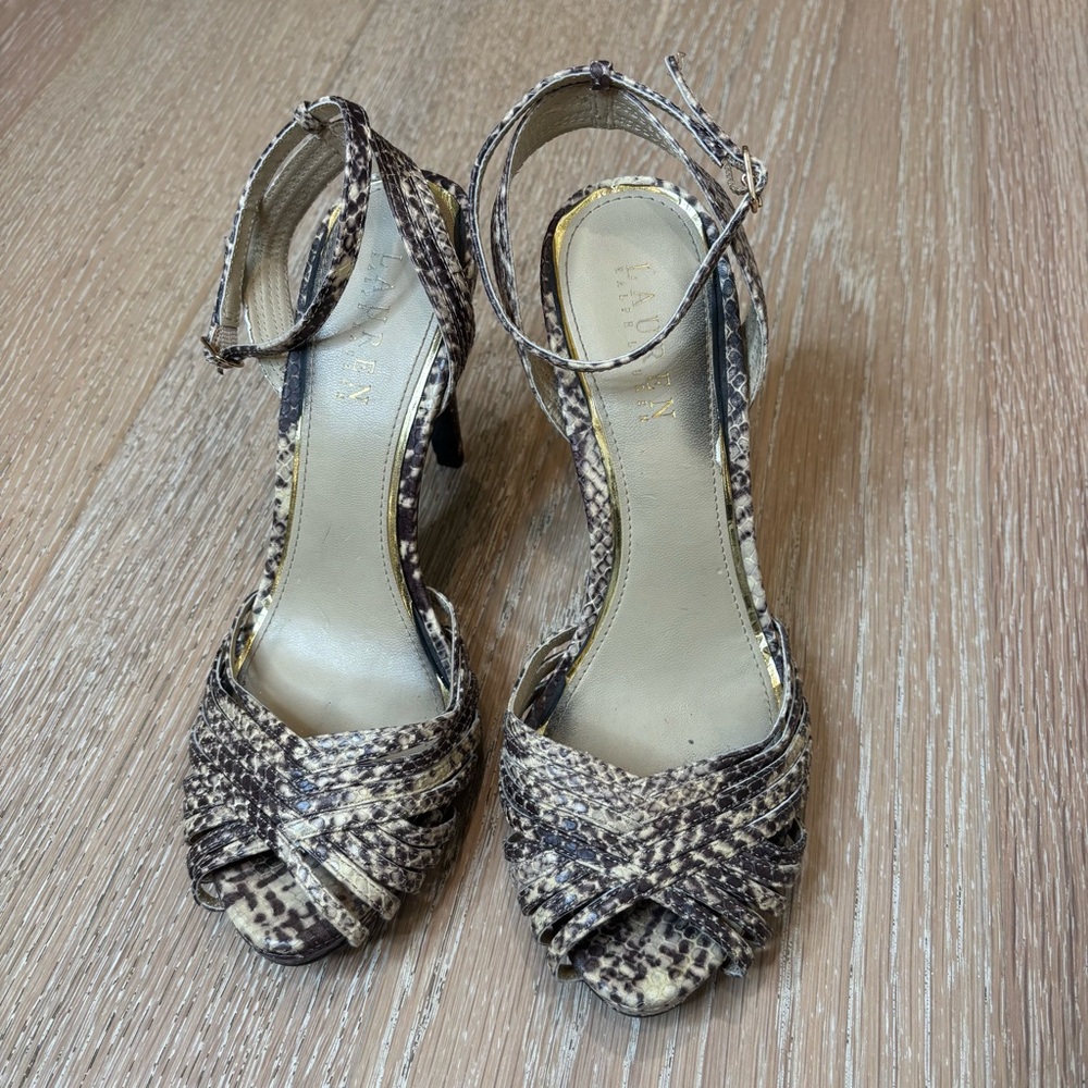 LAUREN RALPH LAUREN KADIE SANDAL Snakeskin Ankle Strap Heel Size 8 - Picture 4 of 8